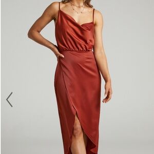 ShowPo Sisters By Heart MIDI DRESS - ASYMMETRIC COWL NECK DRESS IN COPPER SATIN